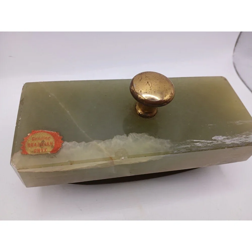 Vintage Genuine Brazilian Onyx Green Ink Roller Blotter Brass Handle 5